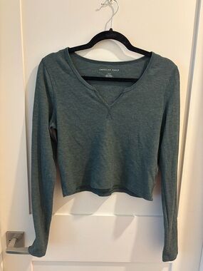 American Eagle Outfitters Teal Ribbed V-Neck Long Sleeve Top